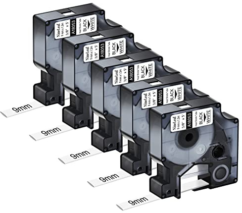 NineLeaf 5 x Compatible con Dymo Rhino 18053 S0718280 Cinta de escritura negra sobre blanco tubo termorretráctil 3/8'' 9 mm x 1,5 m para cables en Rhino 3000 4200 5000 Tyco T107M cinta de etiquetas