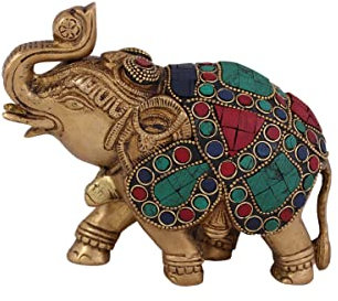 Ethnic Decor - Escultura de elefante de pie para el tronco de la bola, diseño de escultura de piedra de trabajo – 5.3 pulgadas (latón, multicolor)