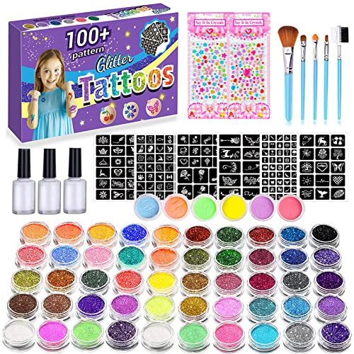 XUBX Kit Tatouage Paillettes, Set Tatouages Temporaires avec 56 Couleur, 152 Pochoirs, 5 Pinceaux, 3 Colles, Imperméable Glitter Tatouages Temporaire Coffret pour Le Corps-Enfant, Adult