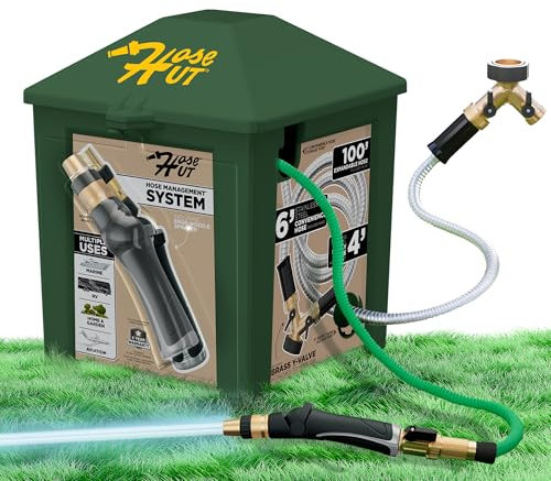Hose Hut Sistema de gestión, soporte de manguera de agua perfecto para almacenamiento de manguera exterior, versión de jardín, caja de almacenamiento de manguera todo en uno, incluye 3 mangueras y