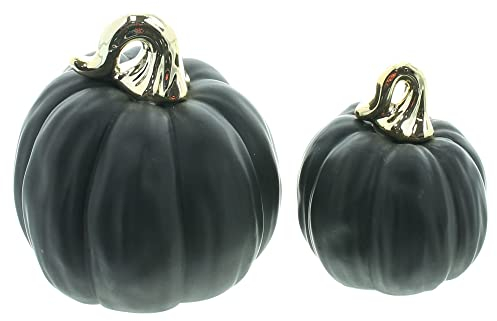 FRANK FLECHTWAREN Dekokürbis, Kürbis Black, 2er Set, Porzellan, Mattschwarz Maße: Ø 7 x 10 cm, Ø 9 x 13 cm