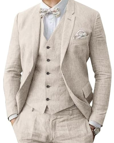 Traje de lino para hombre de 3 piezas, formal, de negocios, blazer y pantalón para hombre con solapas de muesca, para bodas, padrinos de boda, ropa de fiesta, beige, 52
