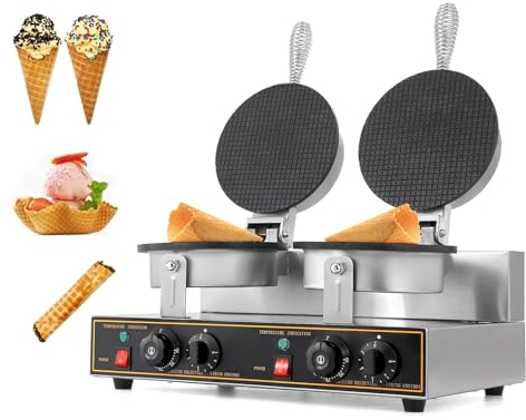 DXDRT Máquina para Hacer Conos De Gofres Comercial, Máquina para Hacer Conos De Helado De Dos Cabezales De 1200w + 1200w, Máquina para Hacer Rollos De Huevo Antiadherente para Restaurante,Hogar