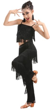 Robe à Pompons latins 2 pièces pour Les Filles Enfants, Pantalon à Franges et Camisole Top Tenue Ballroom Performance Tango Salsa Pratique Costume Compétition Vêtements De Danse,D,130cm