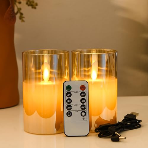 FiiMoo Candele LED Ricaricabile, 2 Pezzi, Candele USB Ricaricabili, Candele Batteria, Candela con Telecomando, Candele LED Senza Fiamma Per Natale, Festa, Vacanze Decorazione-12.5cm Vetro Marrone