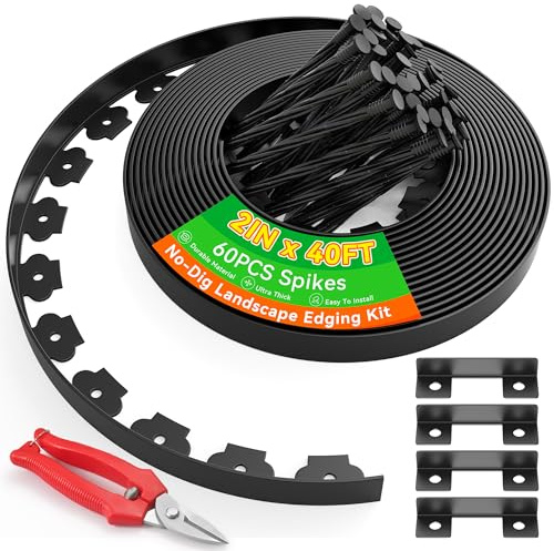 Graxury 2 Tall 40ft No Dig Landscape Edging Border with 60PCS 8 Plastic Spikes & 4 PCS Connectors - Garden Lawn Edging Kit with a Shears for Landscaping, Lawn, Flower Beds and Yard