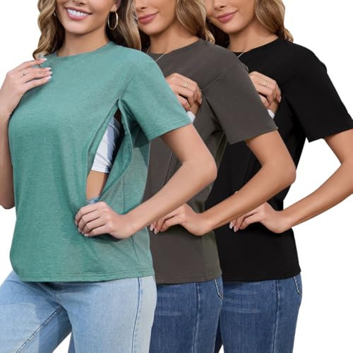 Love2Mi 3er/4er Set Stillshirt mit verstecktem Reißverschluss Stillöffnung kurzen Umstandstop Stillen T-Shirt für Schwangere