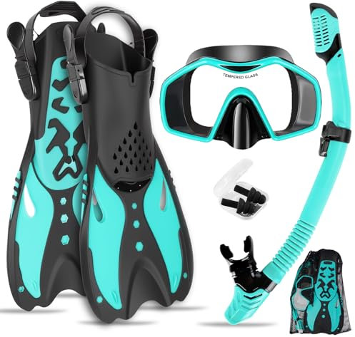 KIMIGO Schnorchelset Erwachsene mit Dry Top Schnorchel und Flossen,Ohrstöpsel,Anti-Fog Tauchermaske,3 in 1 Schnorchel Set,Taucherbrille für Schnorcheln und Tauchen,Erwachsen