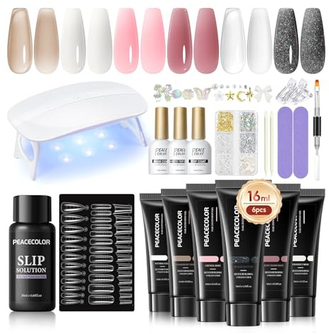 PEACECOLOR Kit Unghie Gel Completo Set Unghie Ricostruzione Set 6 Colori Nudo Rosa 16ml con Base y Top Coat per Principianti al Fai Da Te a Casa Kit Unghie Gel Nail Art