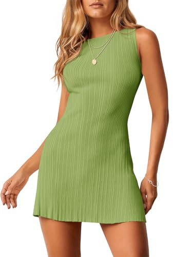 Wenrine Womens Summer Backless Mini Dress Casual Ribbed Knit Sleeveless Tie Back Slim Fit Club Party Tank Dress Green