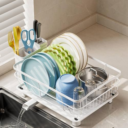AIDERLY Iron Dish Drying Rack Auto Drain Dish Drainers Kitchen Counter Strainer with Draining Tray, All White