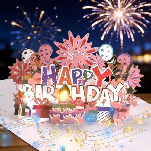 Tarjeta de cumpleaños con música y luz, tarjetas de cumpleaños musicales emergentes, tarjeta de cumpleaños 3D con fuegos artificiales para niñas, esposa, novia, madre, madre, señoras, marido