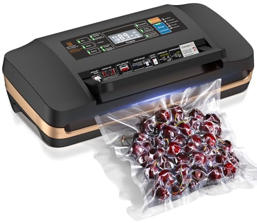 Vacuum Sealer Machine, 95KPa Commercial Food Saver with Double Seal Strips for 2X Strength, Built-in Cutter & Bag Storage, Easy-Lock Handle, Includes 1 Roll & 10 Pre-cut Bags, Black