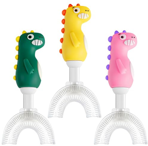 3 Pezzi Spazzolino da Denti a Forma di U per Bambini, Spazzolino Morbido con Setole in Silicone Senza BPA, Pulizia dei Denti per l'igiene Orale a 360°, 2-6 Anni (Dinosauri, 2-6 Anni)