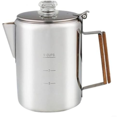 Moliuoly rostfritt stål kaffekanna för spis och camping, perkolator med värmebeständigt trähandtag, 9 koppar kapacitet, lämplig för induktion och öppen låga