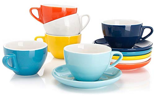 Sweese 6 Ounce Cappuccino Cups with Saucers, Porcelain Double Espresso Cups Set of 6 - Hot Assorted Colors