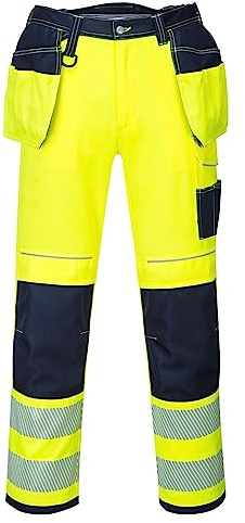 Portwest T501 Mens PW3 Hi Vis Work Trousers - Holster Pocket Workwear Safety Construction Trousers Yellow/Navy, 41