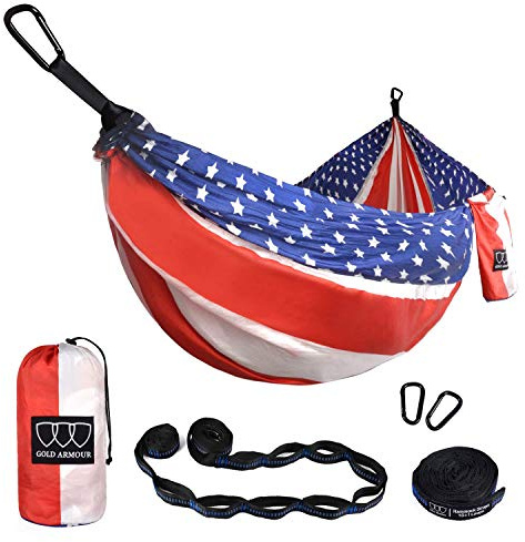 Gold Armour Camping Hammock - XL Double Hammock Portable Hammock Camping Accessories Gear for Outdoor Indoor with Tree Straps, USA Based Brand (Flag)