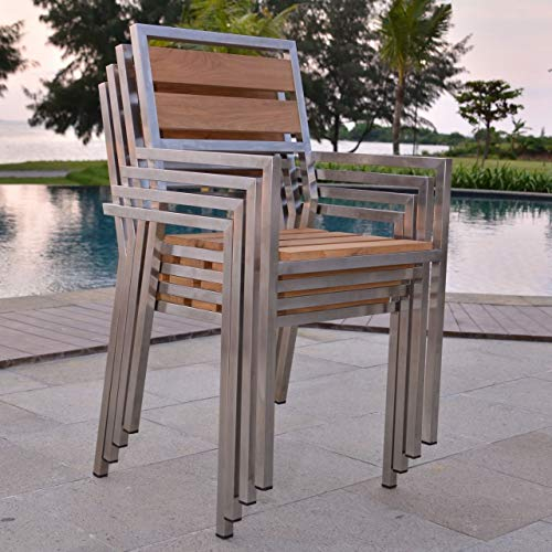 Teako Design Stapelstuhl Lavarone mit Armlehne Edelstahl Teak Massivholz Gartenstuhl Wetterfest Terrassenstuhl Teakholz