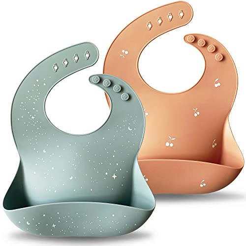 Moonkie Baberos Bebe (2 PCS), Baberos Bebe Impermeables, Babero Silicona Bebe, Sin BPA, Suaves y Cómodos, Tamaños Ajustables, Babero para Bebés y Niños(Azul claro/Rosa claro)