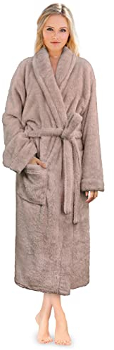 PAVILIA Premium Damen Plüsch-Bademantel flauschig warm Fleece Sherpa Shaggy, taupe, Small-Medium