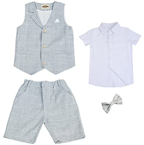 Aroma 4 stycken pojkar shorts sommarklänningar smal passform elegant bröllop fest väst skjorta byxor kläder, GRÅ, 8-9 år