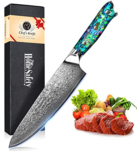 Home Safety Coltello Damasco da Chef con Lama Estremamente Affilata da 20 cm in 67 Strati di Acciaio Damasco VG-10 Coltello da Cucina Damasco da Carne, Manico in Abalone, Confezione Regalo