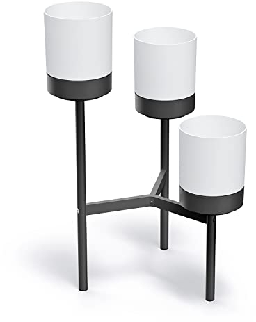 KAGM Blumenständer Pflanzgestell aus Metall Blumenampel Pflanzpyramide mit 3 Töpfen aus Kunststoff H=80, weiß