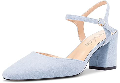 NobleOnly Mujer Medio Chunky Ancho Heel Cerrado el Dedo del pie Cuadrada Punta Slingback Correa Tobillo Sandalias Fiesta Dress Zapatos 6.5 CM Heels Azul Claro 37 EU