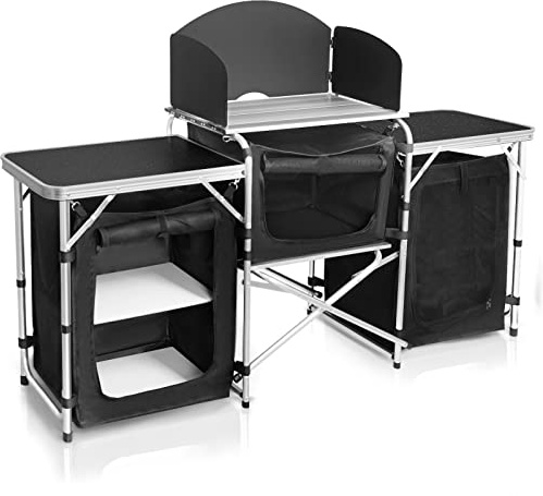 CampLand Folding Camping Kitchen Table with Windscreen,Portable Outdoor Cooking Station with Storage Cabinet & Side Tables Heavy Duty Camp Cook Station for Camping & BBQ (Black3cabinet)