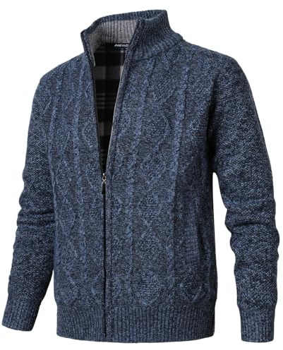 Herothorn Men's Full Zipper Cardigan Stand-up Collar Fleece Jacket Cable Knit Sweater Long Sleeve Cardigan with Pockets