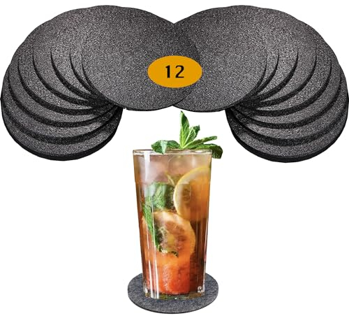 Dessous de Verre Ronds en Feutre, Gris Sous Verre Lavable pour Boissons, Tasses, Bar, Verre (Gris Foncé 12pcs)