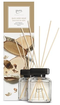 ipuro - Essentials Raumduft CEDAR WOOD 200ml | Raumerfrischer mit Orange, Zitrone, Rosmarin, Ylang Ylang, Sandelholz & Vanille Duft Aroma | Diffuser mit Stäbchen | Lufterfrischer für die Wohnung