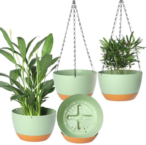 Aeetial 4 PCS Plastic Hanging Planters Set,8.3 Inch Hanging Flower Pot with Drainage Hole and Removable Tray for Indoor Outdoor Plants, Home Garden Porch Balcony Patio Decor (Green)