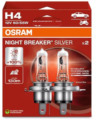 Osram NIGHT BREAKER SILVER H4, +100% mehr Helligkeit, Halogen-Scheinwerferlampe, 64193NBS-2HB, 12V Pkw, Hängebox (2 Lampen)