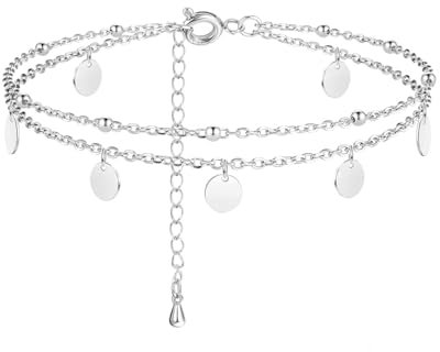 KGDUYC fußkette damen， 925 Sterling Silber Knöchel Armband Mehrschichtige Fußkettchen für Frauen Herz Runde Kugel Zirkon Mehrere Stile Fußkettchen Verstellbare Kette Sommer Strand Fußschmuck