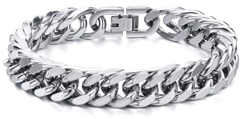 Panzerkette Herren Armband Silber - 12mm Edelstahl Armkette Cuban Gliederarmband Geschenke für Papa Sohn Bruder Ehemann Weihnachtstag Geburtstagsgeschenk