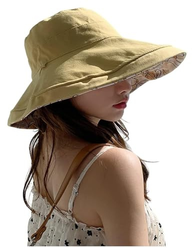 HEVIBK Sombrero de Pescador de Doble Cara,Sombrero de Sol para Mujer,Gorro de Pescador, de algodón, Plegable, de Doble Cara, Reversible, para Playa, Barbilla (FR/ES, Letras, Talla única, Amarillo)