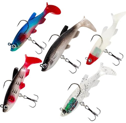Esche da pesca,5 pezzi Esche da Pesca in gomma Morbida,Artificiale Richiamo Set,Esche da Nuoto con coda a Paletta,ideali per trote,spigole e persici(8,5 cm 13 g)