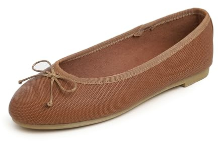 Feversole Women's Fashion Round Toe Ballet Flat Pumps Comfort Bow Tie Dolly Shoes Camel Texture Vegan Leather UK 6