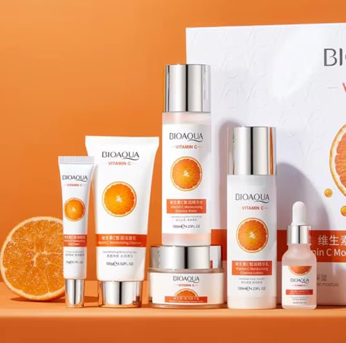 Vitamin C Skincare Set, 6-Piece Facial Care Kit with Moisturising Cream, Cleanser, Essence Water, Eye Cream, Lotion and Serum