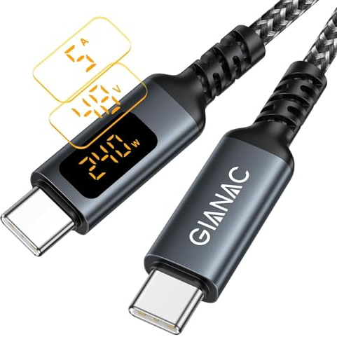 GIANAC 240W USB C auf USB C Kabel [2M] Schnellladekabel USB C USB PD3.1 Nylon USB Typ C Ladekabel mit LED Display für iPhone 16 Pro Max, iPhone 15, Samsung S24 S23 S22 S21,iPad Pro, MacBook Pro/Air