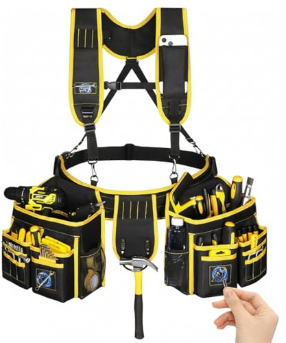 Qmioti Tool Belts for Men, Tool Belt Suspenders, Heavy Duty Tool Belts with 28 Pockets, Magnetic Tool Belt with Suspenders for Carpenters Electricians Framers, 32''-66'' Adjustable Waist
