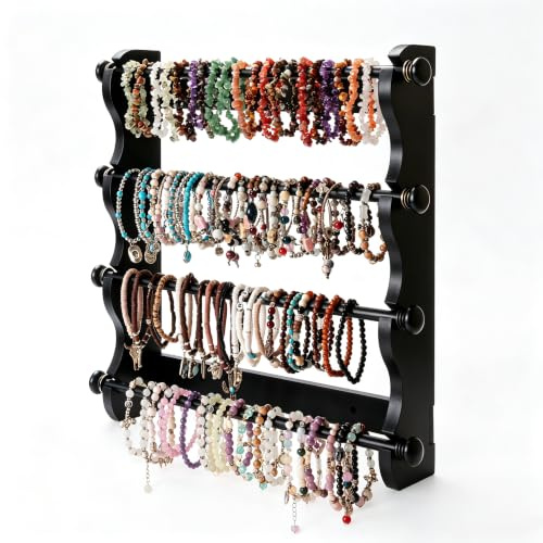 4-Tier Wooden Bracelet Holder Wall-Mounted – Black Jewelry Display Stand for Bracelets, Bangles, Watches– Rustic Wall Jewelry Organizer for Home, Store, or Craft Show – Bracelet Display Rack
