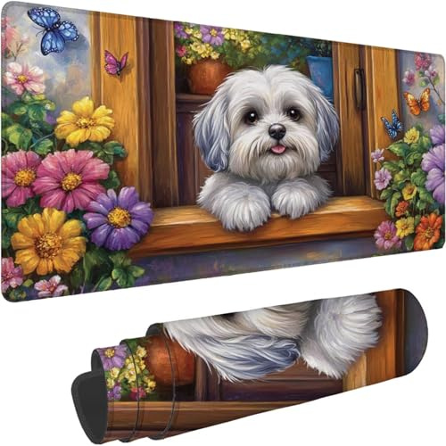 Mouse Mat 1400 x 700 x 3mm Large Mouse Mat Non Slip Rubber Base, Soft Textured Surface with Stitched Edges, Waterproof Desk Mat for PC, Laptop, Laser Mice for Office, Gaming Color Dog Printing xn-108