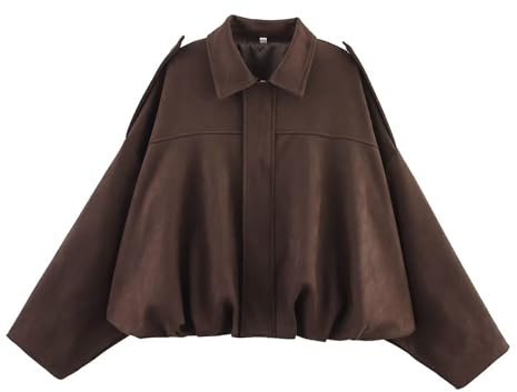 Vinuwu Chaqueta bomber de mujer de ante corta chaqueta de transición con bolsillo con cremallera ropa urbana chaqueta de invierno para otoño temporada de transición, café, L