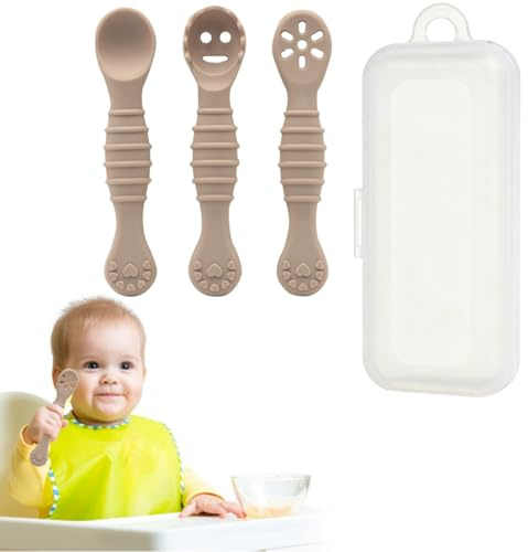 KIRZAX 3 Cucchiaini Silicone Neonato Grigio con Scatola, Portatile per Svezzamento BLW, Posate Bambini Apprentissage, Lavaggio Lavastoviglie & Senza BPA