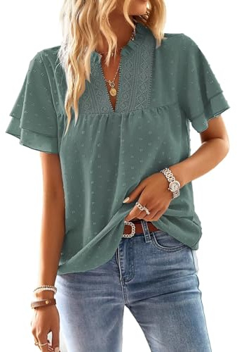 TUUHAW Chemisiers et Blouses Femme à Manches Courtes d'Été Col en V Tunique | Bohème Fluide Chemise, Élégant Lâche Plissé Blouse, Volants Décontracté T Shirt, Uni Hauts, Dentelle Blouse, d'Affaires Top