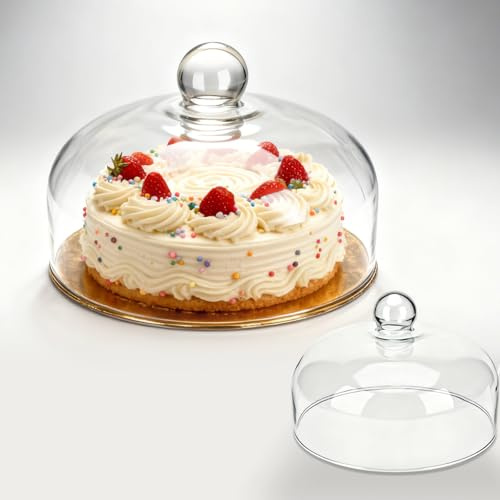 Glass Cake Dome - 10 Inch Clear Round Glass Cake Stand Cover,Display Cloche for Cakes, Pastries, Cupcakes and Desserts, Kitchen Serving Platter Lid, Durable Food Safe Cover for Party & Holiday