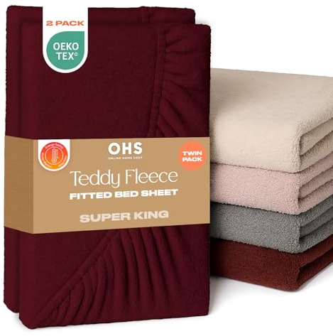 Brentfords 2 Pack Super King Bed Sheet, Soft Warm Thermal Teddy Fleece Fitted Sheet Deep Pocket 25cm Fade Resistant Cuddly Cosy Fluffy Teddy Bear Bedding Super King 2 Pack, Burgundy